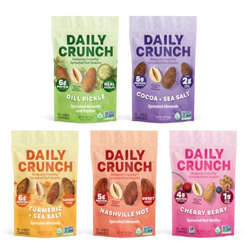Image of Daily Crunch Sprouted Almonds, 4oz Pantry Resealable Bags (Family Pack, 5 Pack) (Packaging May Vary, Contains: Dill Pickle, Cocoa and Sea Salt, Turmeric and Sea Salt, Nashville Hot,Cherry Berry)