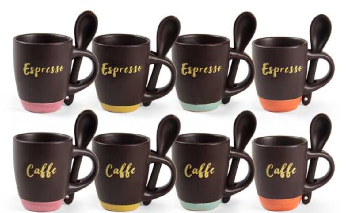 EDITACASA-Set 8 tazzine con cucchiaino | Set Cafè - colore marrone in Ceramica | Tazza da 100cc | con Pratico Manico Porta cucchiaino - CEZ/TAZZ.C/C 100CC AS 6,6CM 878053