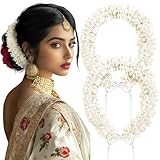 Dingion 2 Pack 10inch Indian Hair Accessories Long Artificial Mogra Gajra for Bride Scented Jasmine Flowers Bracelet Garland Hair Accessory for Wedding Party and Fashion Dance Competition(Unfold)