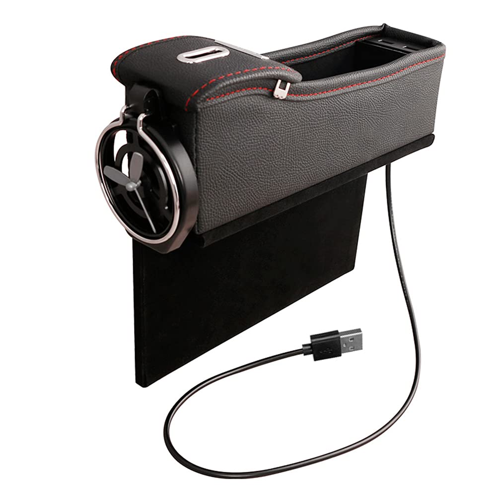 Car Seat Slot Storage Box,Huamengyuan Leather Storage Multifunction Car Seat Gap Organiser Slot Storage Box with 2 USB Ports Leather Seat Storage Box for Phone Card Key Wallet Coin Charger