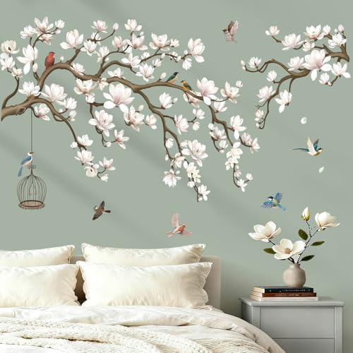 wondever Wandtattoo Magnolie Blumen Wandsticker Weiß Blüten Vögel auf Baum – Ansicht 3