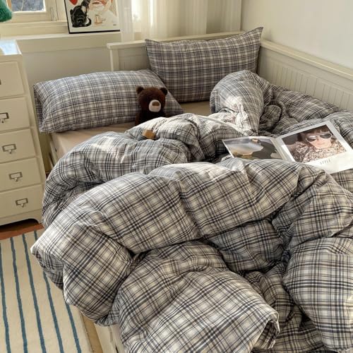 Image of MKXI King Modern Plaid Duvet Cover Set 3 Piece - Deep Navy Washed Cotton Bedding, Modern Farmhouse Check Design, Breathable & Vintage Linen Like Bedding Set with Zipper Closure