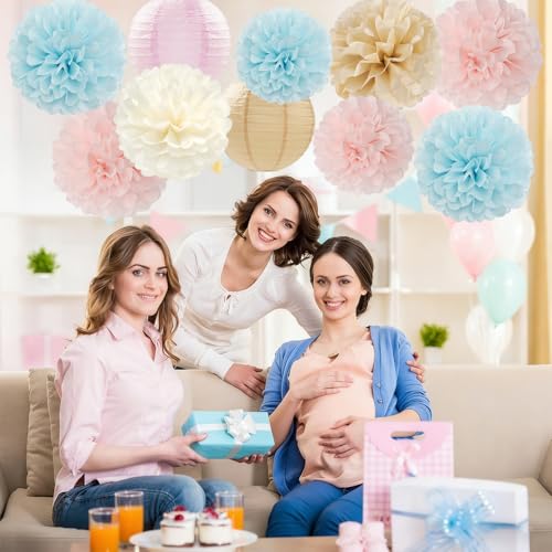 Image of Light-Blue Pink Champagne Gender-Reveal Party-Decorations - 15pcs Boy Or Girl Paper Flowers Tissue Pom Poms Lanterns Streamers,Birthday Bear Baby Shower Neutral Hanging Supplies Decor Hugfond
