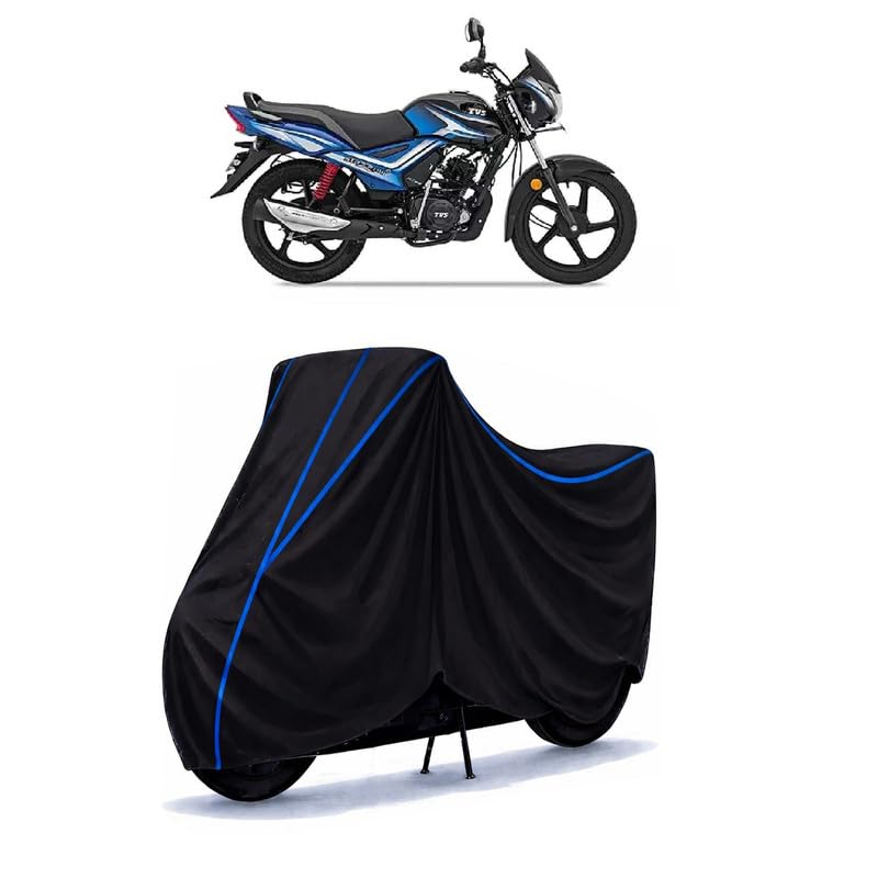 Image of TVS Star City Plus 110 cc Bike Cover Water Resistant Universal Motorcycle Rain | Heavy Duty UV Protection, Dust, Scratch Indoor Outdoor All Weather with Black Blue Piping Elastic