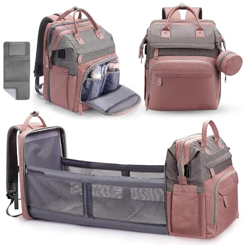 Image of DERJUNSTAR Diaper Bag Backpack – Large Capacity Baby Diaper Bag with Changing Pad for Dad and Mom, Waterproof Travel Backpack, Multi-Function Bag with USB Charging Port, Rose Pink