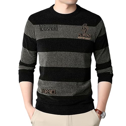 Alloaone Mens Knit Crew Pullover Quality Thick Warm Autum Solid Striped Sweater Winter Clothes