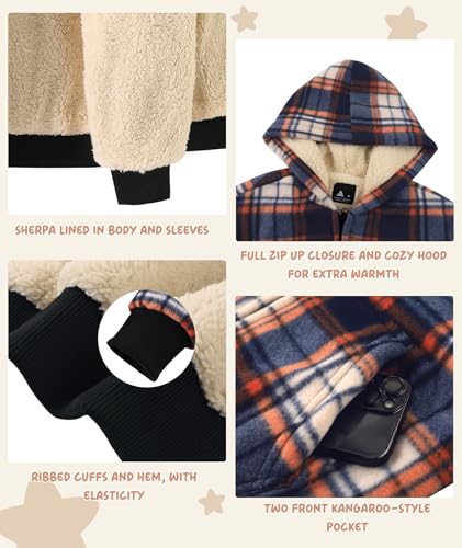 Image of V VALANCH Boys Flannel Jacket Hooded Fleece Lined Zip-up Hoodies Plaid Coat for Kids