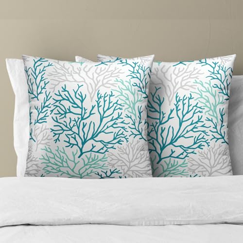 Mweet Teal Blue Coral Pillow Covers 18X18 Inch Summer Ocean Sea Coastal Decorative Throw Pillow Cases Set of 2 for Couch Sofa Bench Living Room Bedroom Home Decor - Image 4