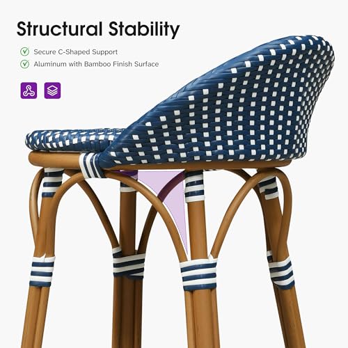 Image of PURPLE LEAF Patio Oversized Backrest Counter Height Stool Set of 1 Outdoor Round Barstools Aluminum Frame in Bamboo Finish Woven Rattan for Indoor Kitchen Dining Bistros Cafe Restaurant Navy Blue