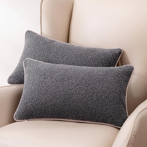Image of Amazon Basics Boucle Lumbar Throw Pillow Covers for Couch, Living Room, Home Decor with Hidden Zipper, Grey, 12x20in, Pack of 2
