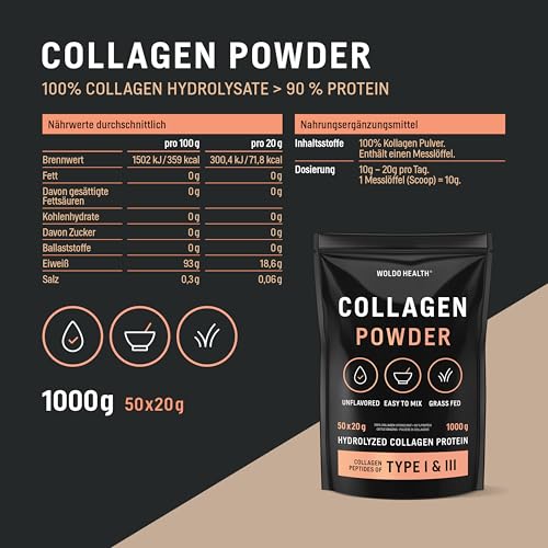 Collagen Pulver aus Weidehaltung Hydrolysat 1 kg - Protein wasserlöslich & geschmacksneutral