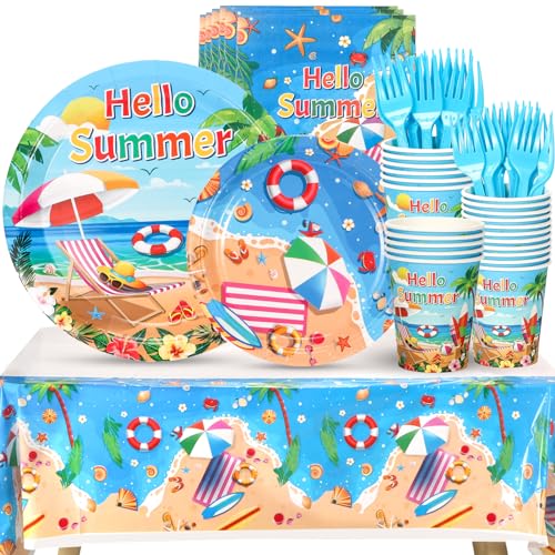 Atonofun Beach Paper Plates, Beach Plates and Napkins Party Supplies, Disposable Plates, Cups, Napkins, Cutlery and Tablecloth for Hawaiian, Summer Party, Beach Birthday Party Decorations Serves 24