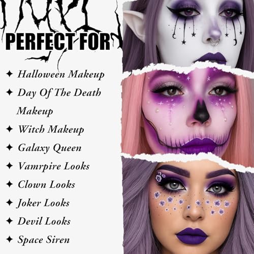 Image of UCANBE Halloween Makeup Kit - 15-Color Purple Eyeshadow Palette, White Liquid Foundation, Purple Liquid Lipstick, Black Eyeliner, Setting Powder & Sponges Makeup Set for Cosplay Witch Devil Sorceress