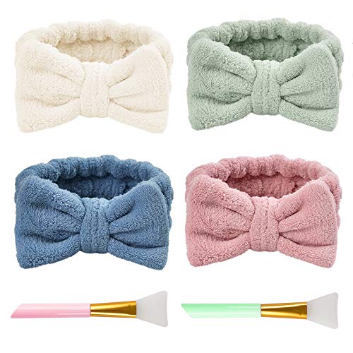 VIOCIWUO Microfiber Bowtie Headbands 4 Pack, Soft Makeup Face Wash Spa Yoga Shower Coral Fleece Hair Bands for Women and Girls