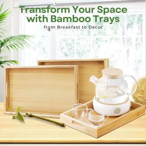 Flexzion Bamboo Trays for Serving Food - 3 Pack Bamboo Wooden Serving Trays with Handles - Rectangular Bamboo Food Tray Set (Large, Medium, Small) for Breakfast, Lunch, Dinner, Snack, Party, Bed - Image 7