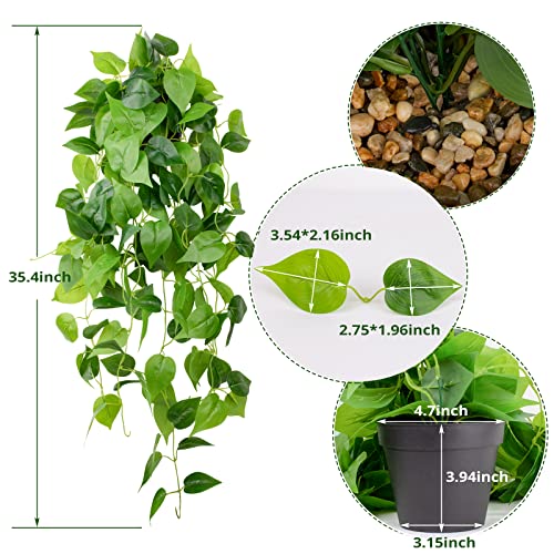 Image of LOYWREE 35.4in Artificial Plants in Black Pot Realistic Fake Hanging Potted Greenery with Faux Ivy Vine & Pothos - Ideal for Shelf, Home, Office, Indoor & Outdoor Garden Decor