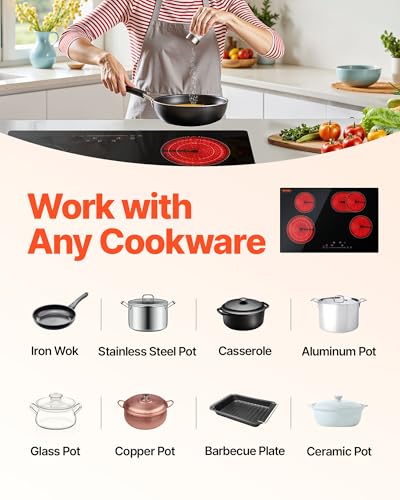 Image of VEVOR Built in Electric Stove Top, 30inch 4 Burners, 240V Glass Radiant Cooktop with Sensor Touch Control, Timer & Child Lock Included, 9 Power Levels for Simmer Steam Slow Cook Fry