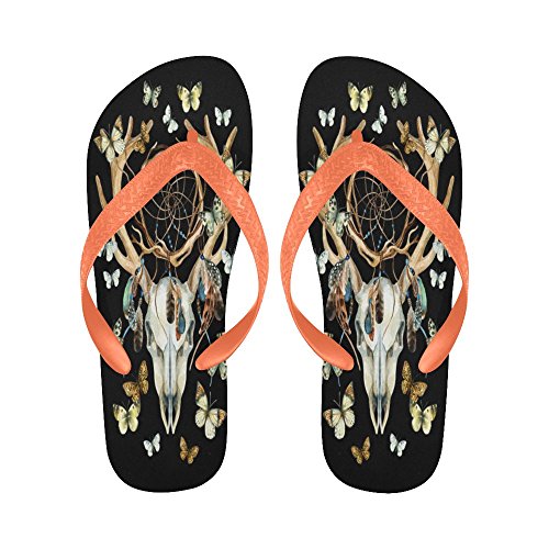 INTERESTPRINT Men Flip Flop Slippers Deer Skull Dreamcatcher Beach Thong Sandal Orange
