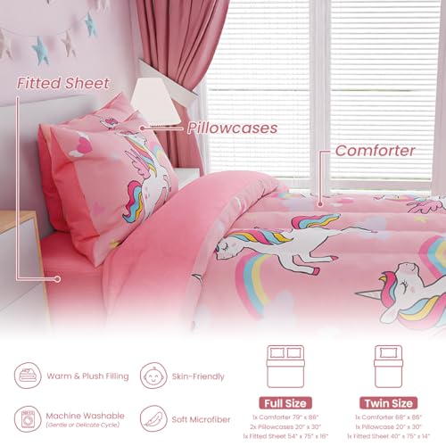 Image of SANDJEST Unicorns Bedding Full Set for Girls Kids Children, Ultra Soft Microfiber Comforter Set with 4-Pieces, Comforters Bed Sets Bedroom Decor