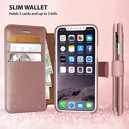 LUPA iPhone X Wallet Case-Slim & Lightweight iPhone X Flip Case with Credit Card Holder - iPhone 10 Wallet Case for Women & Men - Faux Leather iPhone Xs Purse Cases – Wristlet Rose Gold