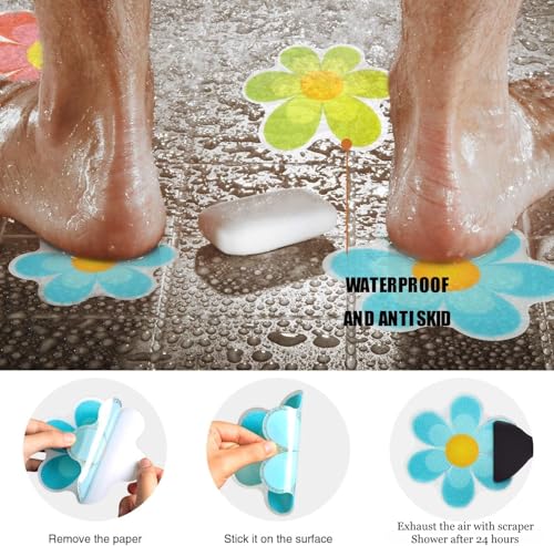 Image of Secopad 20 PCS Original Non Slip Bathtub Stickers, Shower Floor Non Slip Stickers Bright Flowers Appliques with Premium Scraper