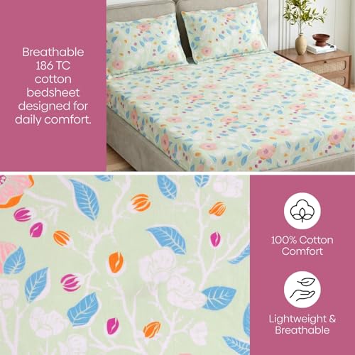 Image of Haus & Kinder Bloomfield Dawn Green Cotton Fitted King Bedsheet, Soft Breathable Cotton Bed Sheet with Elastic Corners for Double Bed, Elegant Floral Design