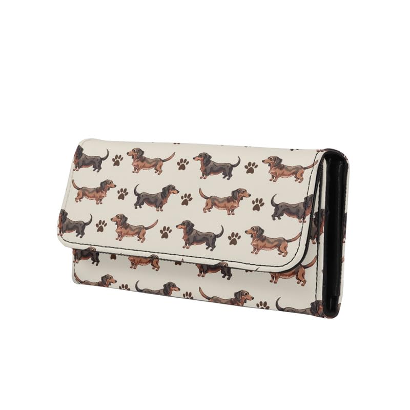 Dachshund Dogs Print Credit Card Wallet for Women Tall Billfold Secretary Cash Wallet,Cute Puppy Dog Paws Trifold Card Holder Ladies Phone Clutch, Beige