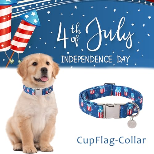 Image of 4th of July Dog Collar, Patriotic Dog Collar, American Flag Collars for Puppy Boy Girl Dogs or Cat, Comfortable Summer Collars with Metal Buckle, L