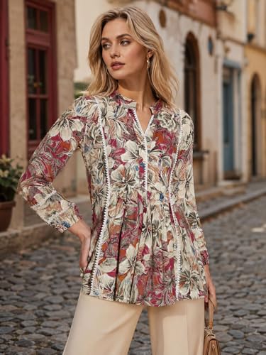 Image of Amazon Brand - INKAST Women Floral Regular Fit Tops | Blouse | Elasticated Cuffs | Shirt