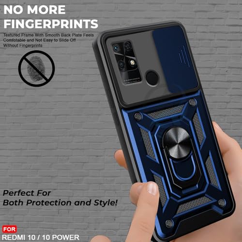 Image of AESTMO Tough Armor Redmi 10 /10 Power Bumper Back Case Cover | Ring Holder & Sliding Camera Shield Cover | 360 Degree Protection Back Case Cover for Redmi 10 /10 Power (Blue)