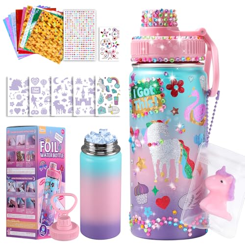 JMMICO Decorate Your Own Water Bottle Kits for Girls Age 4-6-8-10 (Stainless Steel) Unicorn Crafts Kits Foil Arts and Crafts Gifts Easter and Birthday Gifts for Girls
