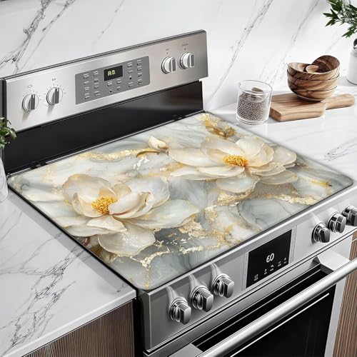 Image of Magnolia flower Stove Top Covers for Electric Stove,Gold Marble Electric Gas Stove Pad Heat Resistant Range Cooktop Protector for Home Decor Kitchen 28 inchx20 inch