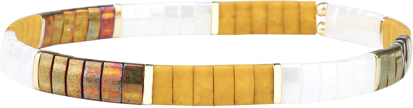 New Miyuki Tila Bead Bracelets Charm Stretch Bracelets Stackable Wrap Bracelets for Women Jewelry (White Yellow 08D)