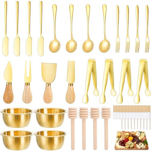 Suwimut 48 Pieces Charcuterie Board Accessories Cheese Butter Spreader Knife Set, Stainless Steel Mini Serving Tongs Spoons Forks Dipping Bowls Honey Dipper Toothpick Flags Utensils for Party Wedding