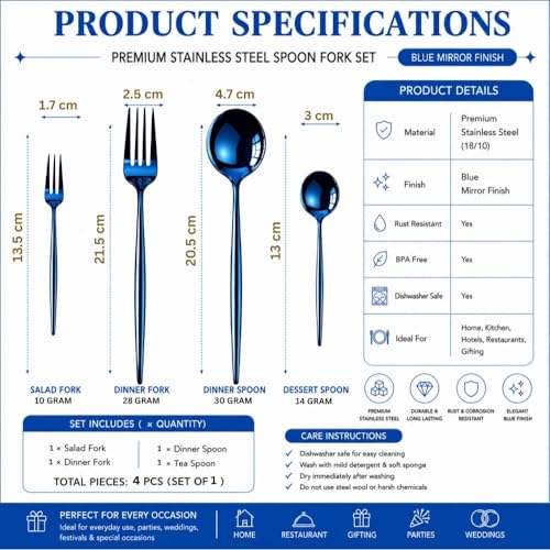 Image of Classic Blue 4 Pcs Stainless Steel Cutlery Set for Dining Table, Dishwasher Safe Glossy Flatware (Perfect Spoon Fork Set)
