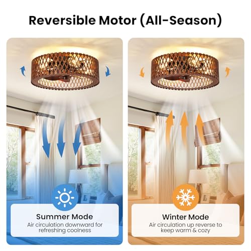 Image of 20 inch Farmhouse Flush Mount Ceiling Fan with Light, Low Profile Wooden Fandelier Ceiling Fan with Remote, 6 Speed Reversible Caged Ceiling Fans with Lights for Bedroom Kitchen Living Room
