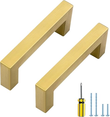 Ravinte Paquete de 10 tiradores dorados de latón brusehed de 3 pulgadas para gabinetes de cocina, herrajes de cocina cuadrados dorados para gabinete