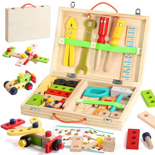 Werkzeugkoffer Kinder Holzspielzeug Werkzeugkasten-Kinderwerkzeug Lernspielzeug Werkzeug Kinder Werkzeug Koffer Kinder Kleine Geschenke für Kinder Spielzeug Jungen Kinderspielzeug ab 3 4 5 6 Jahren