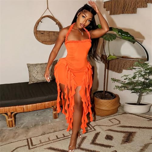 Image of Women's Summer Mini Dress Sexy Halter Backless Ruffle Fringe Bodycon Short Dress Cocktail Party Beach Vacation Sundress