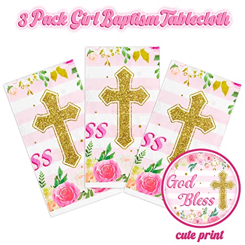Image of Baby Girl Baptism Tablecloths - 3-Packs Pink Newborn Baby Girl Baptism Party Tablecovers Decor Flower Disposable Plastic Waterproof Rectangle Tablecloths God Bless First Communion Table Cover