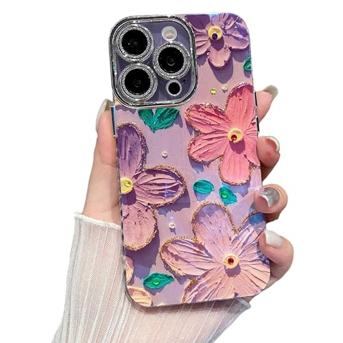 Image of Elzzi Compatible with iPhone 16 Pro Max Case 3D Laser Flower Oil Painting Cute Colorful Blue Ray Bumper with Full Camera Protection Shockproof PC+TPU Glossy Shiny Cover for Girls Women, Pink & Purple