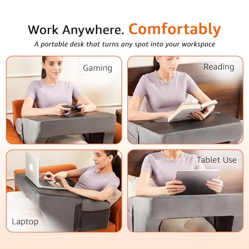 Image of amazon basics Lap Desk Pillow with Adjustable Height & Soft Armrest | Laptop Support for Work from Home, Reading & Gaming | Comfortable Use on Bed, Sofa & Floor | Grey