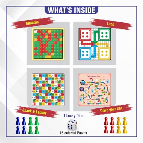 Image of 4-in-1 Family Board Games Set for Kids & Adults | Ludo, Snakes & Ladders, Math Run & Car Drive | Educational Strategy Learning Toy | Indoor Multiplayer Fun Game | Gift for Boys & Girls Age 5+ Years
