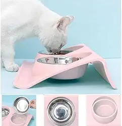 Comedouro Duplo elevado Para Pet Gatos E Cães Pequenos Tigelas Inox Bebedouro Filhotes (Rosa)