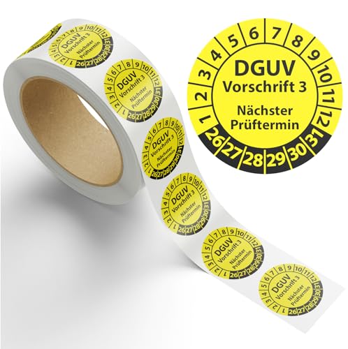 Prüfplakette DGUV Vorschrift 3 Nächster Prüftermin auf Rolle, 1000 Stück, Vinylfolie, selbstklebend, Prüfaufkleber, Prüfetikett, Plakette DGUV V3 (20 mm Ø)