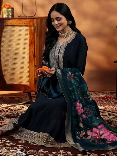 Image of Libas Womens Yoke Design Silk Blend A Line Kurta With Trousers and Dupatta | daily wear suit