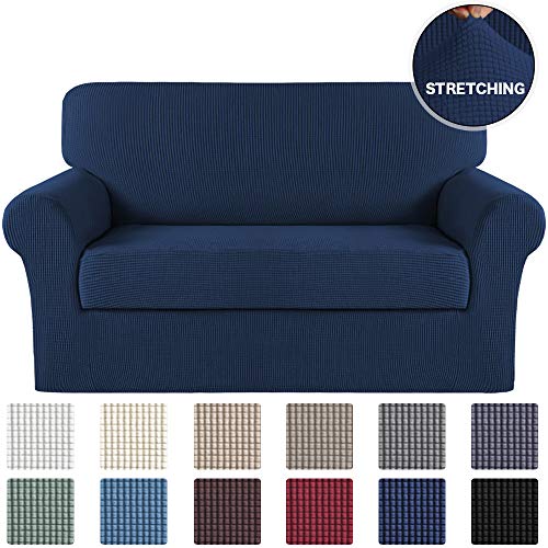 2 Piece Navy Sofa Slipcover Stretch Loveseat Slipcover Furniture Protector Sofa Cover, Spandex