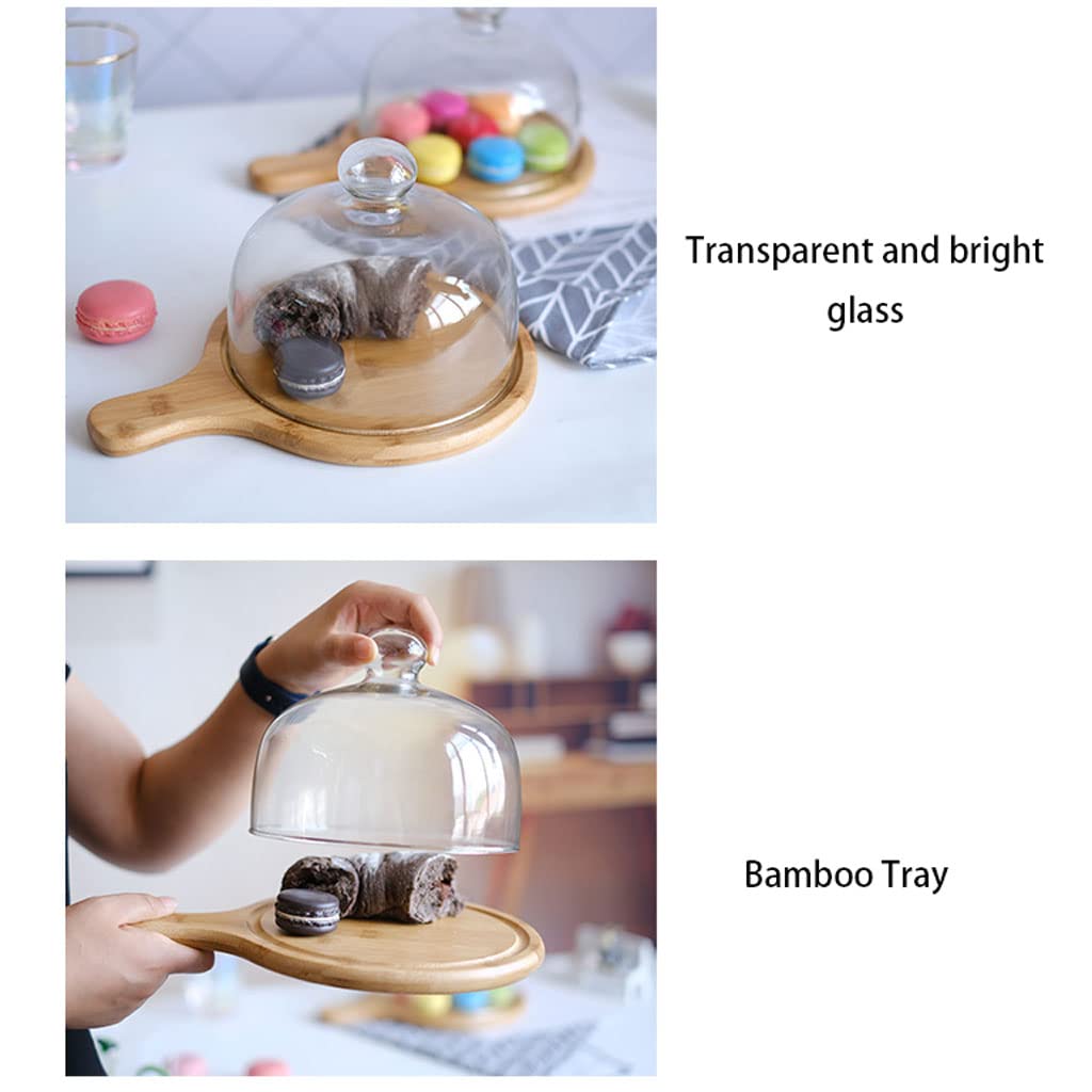 Soporte para Pasteles, Bandeja de bambú para Pasteles con Cubierta de cúpula de acrílico Transparente y asa, Bandeja Plana de Madera para Servir, Soporte Redondo para Cupcakes, Bandeja para sándwiche
