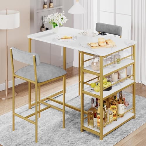OPULENTHOME Table de Bar avec Tabouret, Table Bar Haute Cuisine avec 2 Chaises Rembourré, avec 3 étagères pour Petit Espace, Appartement, Studio, Dore