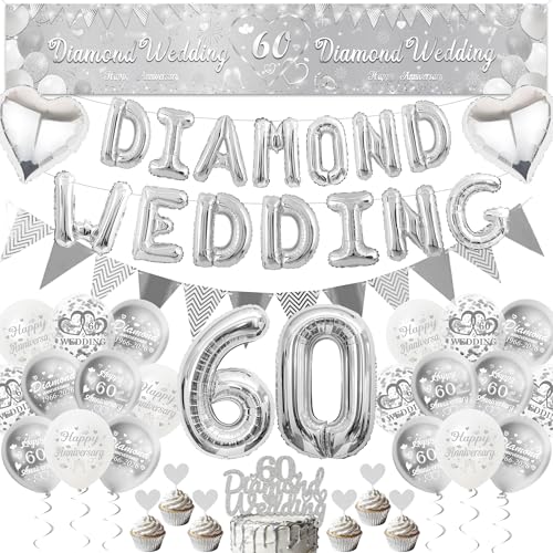 60th Wedding Anniversary Decorations Set - Diamond Wedding Yard Banner and Foil Letter Balloons for Happy Anniversary Party Silver Number 60 Foil Balloons Bunting Cake Topper for 60 Years Decor
